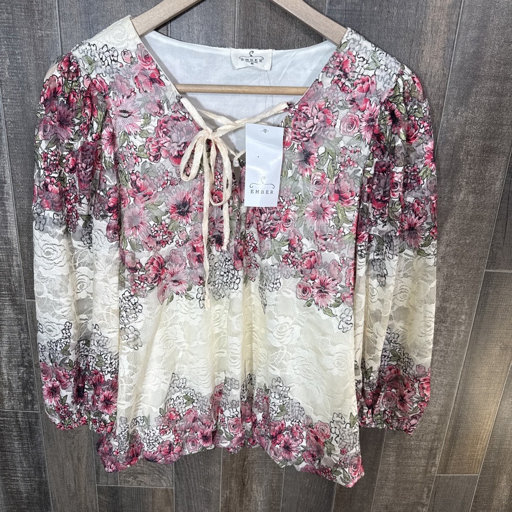 Ember Sheer Floral Lace Peasant Blouse‎ M – Romantic Boho Layered Top NWT